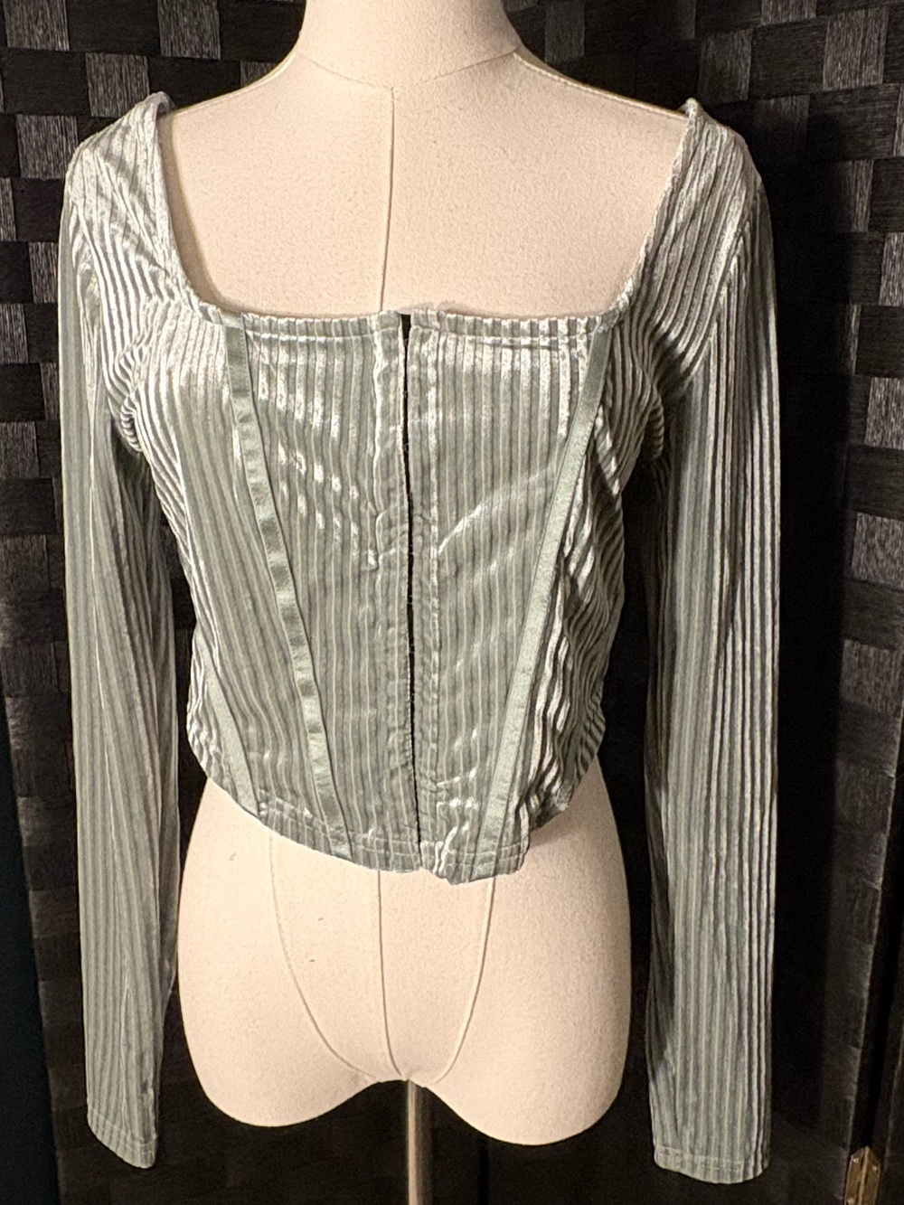 Haute Monde Sage Green Ribbed Velour Long Sleeve Corset Crop Top
